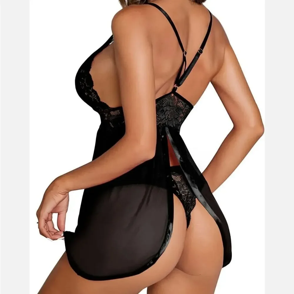 Sexy Lingerie for Women Flower Lace Badydoll Sleepwear Teddy V Neck Pajamas Gift